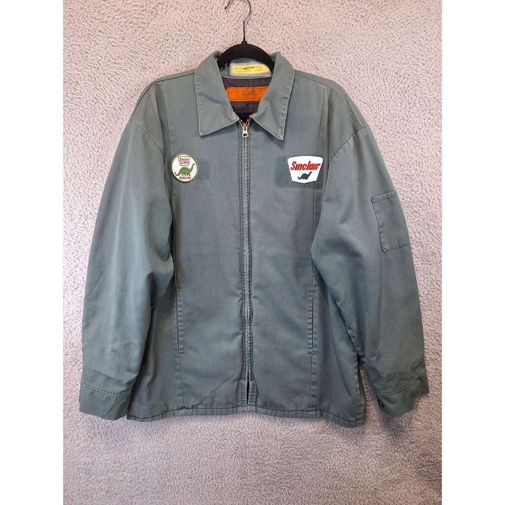 Vtg Cintas Jacket Sinclair Patches Service Work Mens L Gray Quilted Lined Zip Up